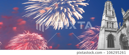 Celebratory fireworks over the Great gothic church of Saint Germain l Auxerrois, Paris, France Celebratory fireworks over the Great gothic church of Saint Germain l Auxerrois, Paris, France 106295261