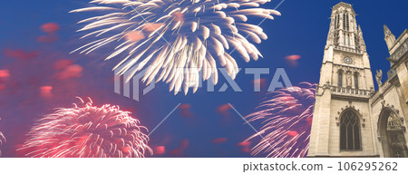 Celebratory fireworks over the Great gothic church of Saint Germain l Auxerrois, Paris, France Celebratory fireworks over the Great gothic church of Saint Germain l Auxerrois, Paris, France 106295262