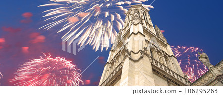 Celebratory fireworks over the Great gothic church of Saint Germain l Auxerrois, Paris, France Celebratory fireworks over the Great gothic church of Saint Germain l Auxerrois, Paris, France 106295263