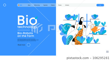 Bio Technology, Robot on farm -modern flat vector concept illustration of bio-robot engaged in agricultural activities. Metaphor of robotics and biotechnology integration, efficiency, sustainability 106295281