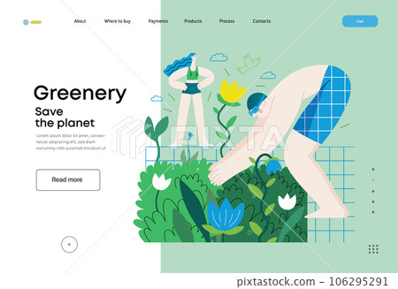 Greenery, ecology -modern flat vector concept illustration of people around the swimming pool of plants and flowers. Metaphor of environmental sustainability and protection, closeness to nature 106295291