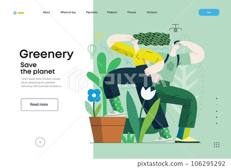 Greenery, ecology -modern flat vector concept illustration of observing people surrounded by plants. Metaphor of environmental sustainability and protection, closeness to nature 106295292