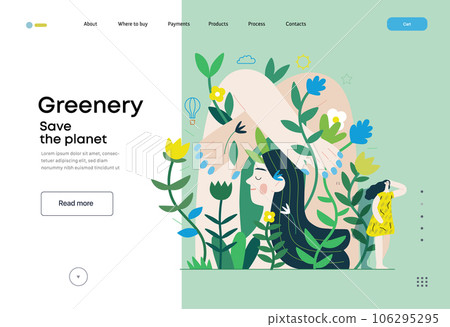 Greenery, ecology -modern flat vector concept illustration of a mural of a woman, surrounded by plants. Metaphor of environmental sustainability and protection, closeness to nature 106295295
