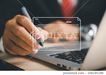 Professional businessman signs electronic documents on virtual screen using pen. Illustrates electronic signature concept, technology, and online document management for paperless offices. 106295296