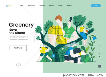 Greenery, ecology -modern flat vector concept illustration of people on a tree, surrounded by plants. Metaphor of environmental sustainability and protection, closeness to nature Greenery, ecology -modern flat vector concept illustration of people on a tree, surrounded by plants. Metaphor of environmental sustainability and protection, closeness to nature 106295297
