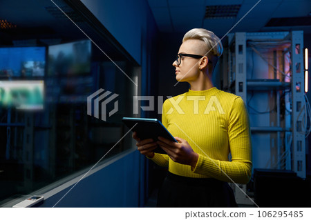 Female IT specialist standing with tablet looking through glass of server room 106295485