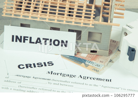 Small house under construction, mortgage agreement form, Euro and equipments for building home 106295777