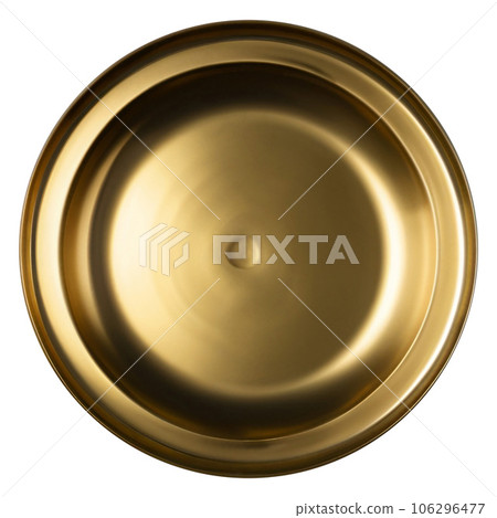 Top view of empty gold plate isolated on background. Golden dish. 106296477