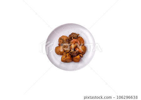 Delicious fresh cooked stew with pork meat or beef with potatoes, carrots, spices and herbs Delicious fresh cooked stew with pork meat or beef with potatoes, carrots, spices and herbs 106296638