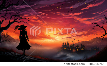 Silhouette of a lady in dim light in a mountain at sunset for Halloween 106296763