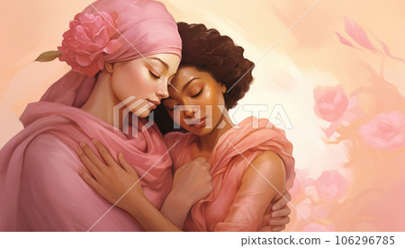 Women hugs in pink dress color for breast cancer day Women hugs in pink dress color for breast cancer day 106296785
