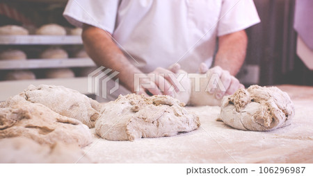 close-up on hands of baker kneading dough to bake fresh bread 106296987