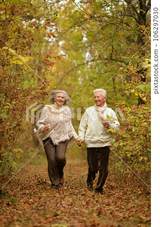 Elderly couple dance in the park in autumn. 106297030