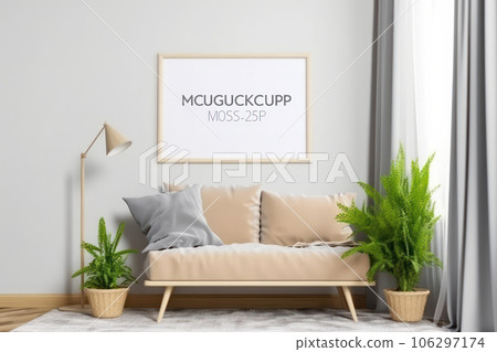 A chic and modern living room with a white couch and green potted plants, featuring a mockup frame on the wall - perfect for showcasing your artwork. AI Generative. 106297174