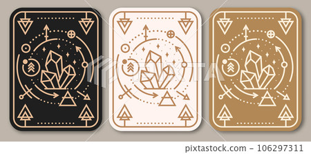 Esoteric symbols poster, banner. Vector. Thin line geometric badge. Outline icon for alchemy or sacred geometry. Mystic and magic design with alchemy symbols and crystals. Esoteric symbols poster, banner. Vector. Thin line geometric badge. Outline icon for alchemy or sacred geometry. Mystic and magic design with alchemy symbols and crystals. 106297311