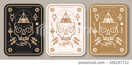 Esoteric symbols poster, banner. Vector. Thin line geometric badge. Outline icon for alchemy or sacred geometry. Mystic and magic design with skull and alchemy symbols. Esoteric symbols poster, banner. Vector. Thin line geometric badge. Outline icon for alchemy or sacred geometry. Mystic and magic design with skull and alchemy symbols. 106297312