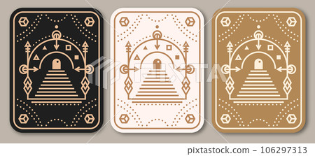 Esoteric symbols poster, banner. Vector. Thin line geometric badge. Outline icon for alchemy or sacred geometry. Mystic and magic design with Gate to another world. 106297313