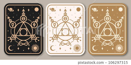 Esoteric symbols poster, banner. Vector. Thin line geometric badge. Outline icon for alchemy or sacred geometry. Mystic and magic design with philosopher stone. Esoteric symbols poster, banner. Vector. Thin line geometric badge. Outline icon for alchemy or sacred geometry. Mystic and magic design with philosopher stone. 106297315