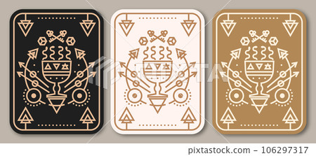 Esoteric symbols poster, banner. Vector. Thin line geometric badge. Outline icon for alchemy or sacred geometry. Mystic and magic design with cup and snakes. 106297317