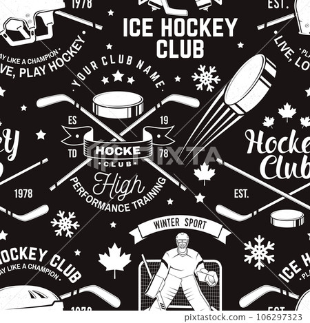 Ice hockey club seamless pattern in retro style. Vector illustration. Background, wallpaper, seamless pattern with player, helmet, sticks, goalkeeper, pick and skates silhouette. 106297323