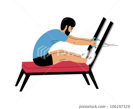 Young man doing exercises on a sports simulator Young man doing exercises on a sports simulator 106297329