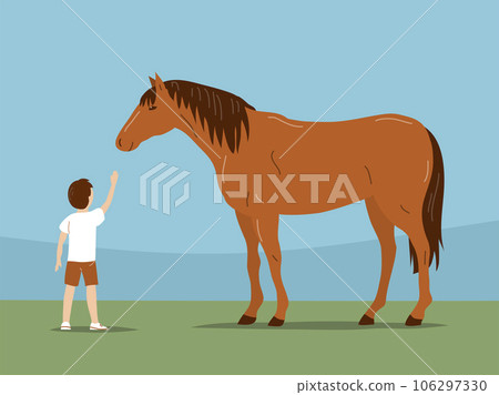 Little boy communicates with a horse outdoor Little boy communicates with a horse outdoor 106297330