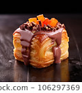 Delicious cube croissant with chocolate and caramel on a dark background 106297369
