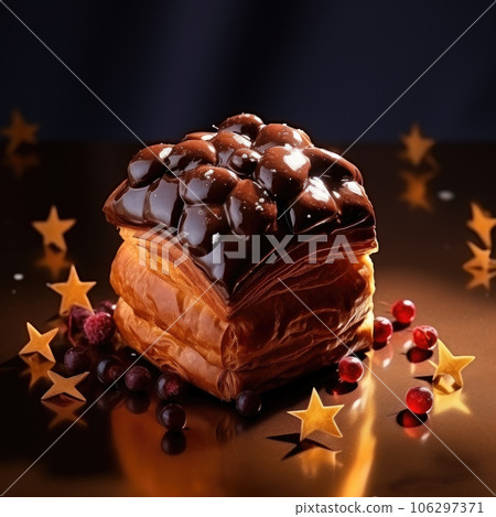 Delicious cube croissant with chocolate and caramel on a dark background Delicious cube croissant with chocolate and caramel on a dark background 106297371