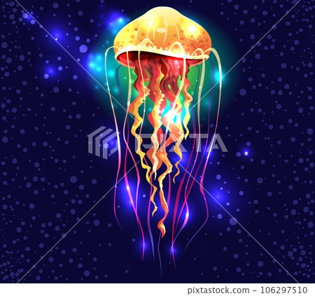 Glowing vivid transparent underwater a jellyfish on black background 106297510