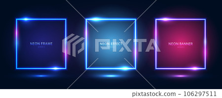 Square neon frames with shining effects, highlights and inscriptions on a dark blue background. 106297511