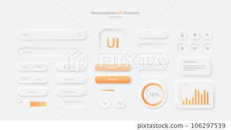 A set of user interface elements for a mobile application. A collection of icons for user interface development in white and orange. 106297539