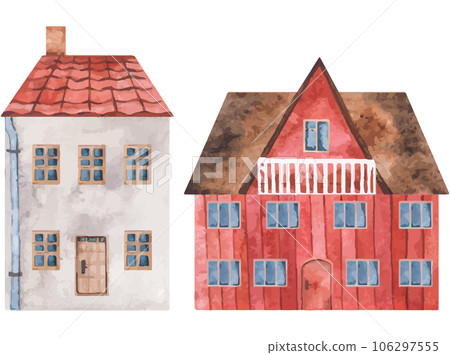 Set of vector house with a door and windows, a tiled roof. Isolated watercolor clipart. Illustration for postcards, books, posters, children's room 106297555