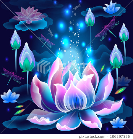 Background with Lotus flowers and dragonflies 106297556