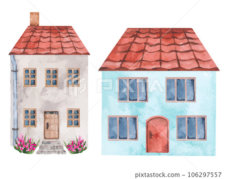 Set of vector house with a door and windows, a tiled roof. Isolated watercolor clipart. Illustration for postcards, books, posters, children's room 106297557