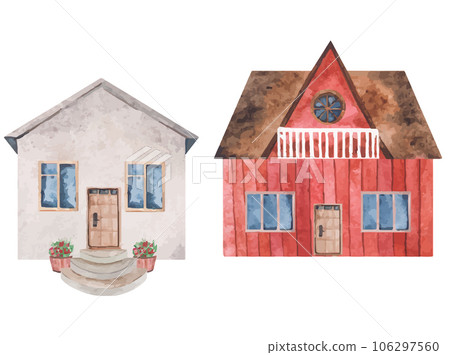 Set of vector house with a door and windows, a tiled roof. Isolated watercolor clipart. Illustration for postcards, books, posters, children's room 106297560