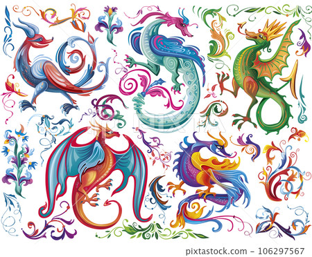 Set of medieval mythical creatures, Illuminati manuscript inspiration 106297567
