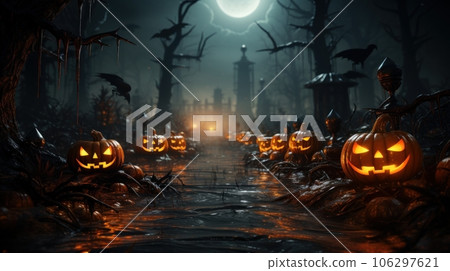 Dark tones Halloween composition in sinister cemetery alley under moonlight. Spooky pumpkin jack-o-lanterns, burning candles, gnarled bare trees, night fog. Halloween celebration concept. Dark tones Halloween composition in sinister cemetery alley under moonlight. Spooky pumpkin jack-o-lanterns, burning candles, gnarled bare trees, night fog. Halloween celebration concept. 106297621