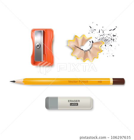 Realistic Detailed 3d Different Color Stationery Tools Set for Office or School. Vector illustration of Pencil, Sharpener and Eraser 106297635
