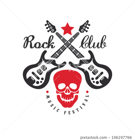 Rock club music festival logo, emblem for rock band, festival, guitar party or musical performance, design element with crossed electric guitars and skull vector Illustration Rock club music festival logo, emblem for rock band, festival, guitar party or musical performance, design element with crossed electric guitars and skull vector Illustration 106297766