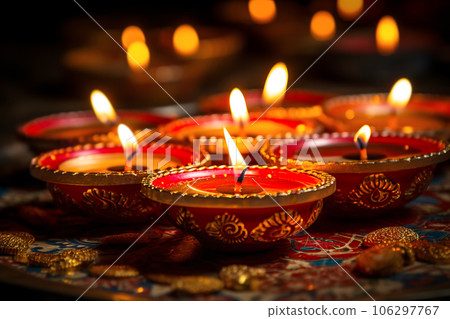 Happy Diwali. Burning diya oil lamps Traditional symbols of Indian festival. Happy Diwali. Burning diya oil lamps Traditional symbols of Indian festival. 106297767