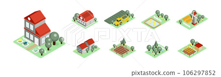 Isometric Farm and Rural Landscape with Barn House, Tractor, Field and Windmill Vector Set 106297852