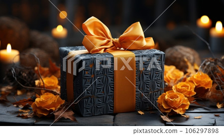 Halloween composition in dark tones. Elegant gift box with bow. Burning candle, dried flowers, roses, blurred background with bokeh effect. Halloween celebration concept. Template, copy space. 106297898