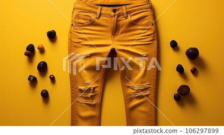 Yellow faded, ripped and frayed jeans and decorative stones on yellow background. Flat lay. Fashion and retail concept. Copy space. 106297899
