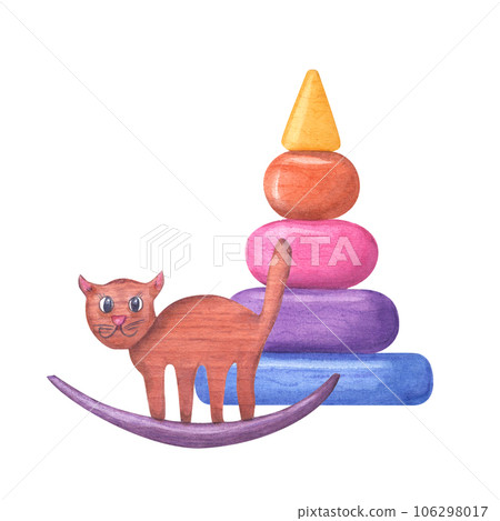 Watercolor illustration of kid wooden toys. Cat, multicolor pyramid isolated on white background. For the design of postcard, greetings, birthday and baby show cards. 106298017