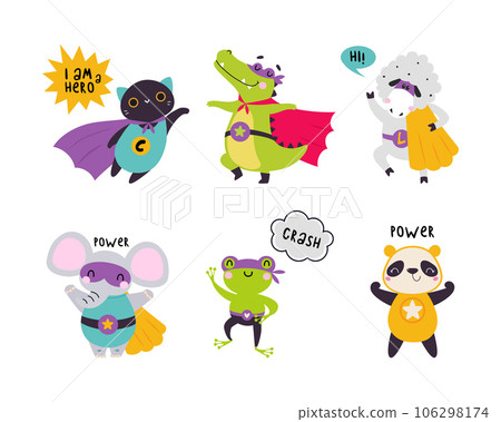 Funny Animal Superhero Dressed in Cape or Cloak Vector Illustration Set Funny Animal Superhero Dressed in Cape or Cloak Vector Illustration Set 106298174