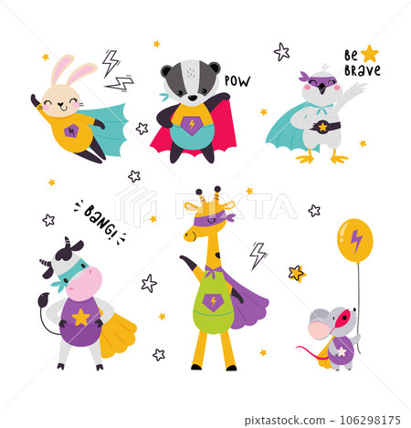 Funny Animal Superhero Dressed in Cape or Cloak Vector Illustration Set Funny Animal Superhero Dressed in Cape or Cloak Vector Illustration Set 106298175