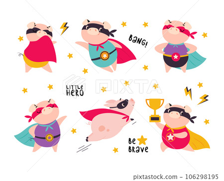 Pink Pig Superhero Character in Eye Mask and Cloak Having Super Power Vector Illustration Set 106298195
