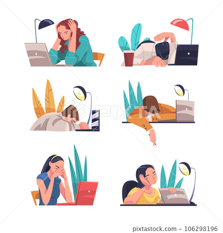 Tired Young Man and Woman Vector Illustration Set 106298196
