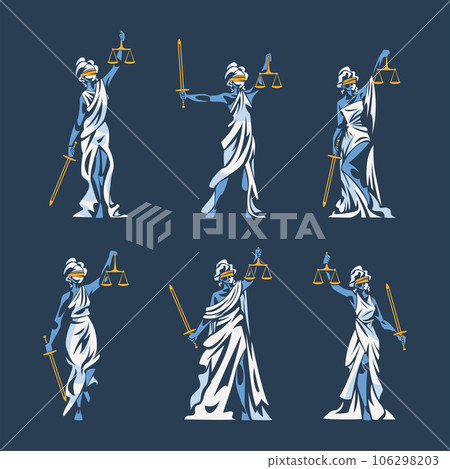 Themis as Ancient Greek Goddess and Lady Justice with Blindfold Holding Scales and Sword Vector Illustration Set 106298203