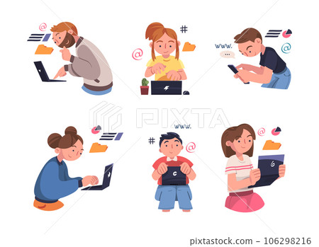 Man and Woman Character Working with Information Analyzing Data and Browsing Internet Vector Illustration Set 106298216
